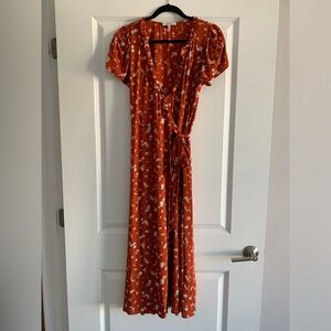 Madewell Women’s Rust Floral Midi Wrap Ruffle Dress